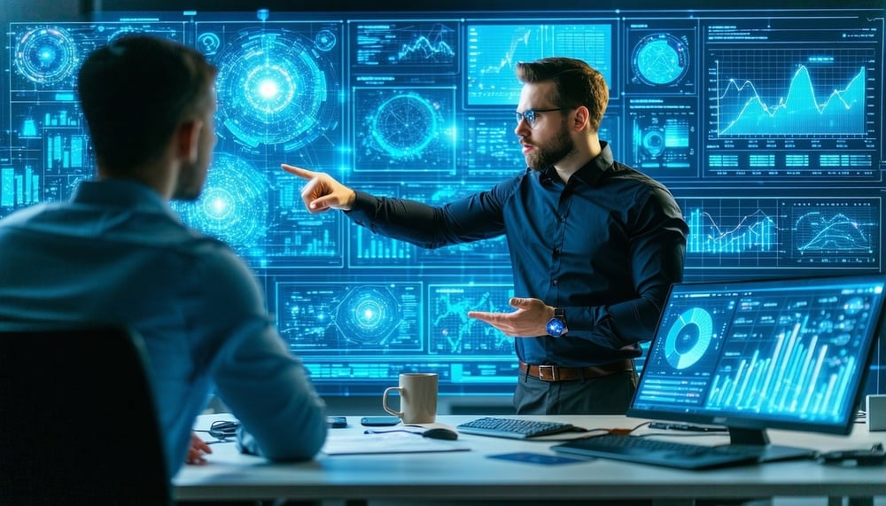 Consultant analyzing data and project risks with AI tools