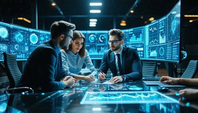 Consultant collaborating with a team using AI analytics tools